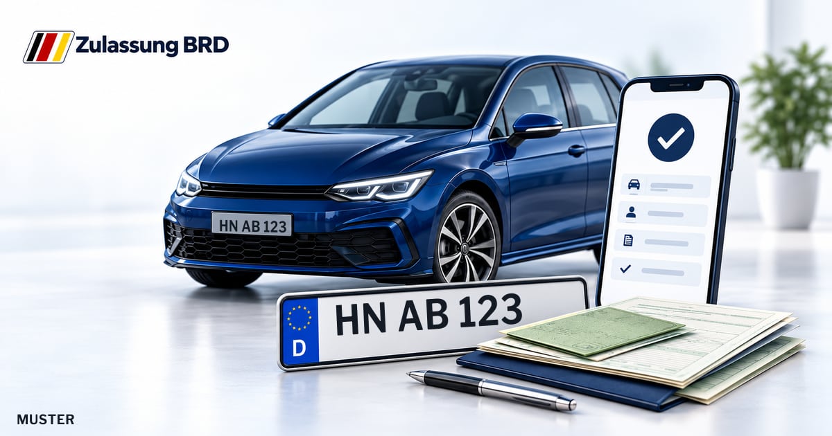Online Fahrzeugzulassung in Weinsberg: Musterkennzeichen HN AB 123, Auto und Fahrzeugpapiere und Smartphone. Illustration mit Logo von Zulassung BRD.